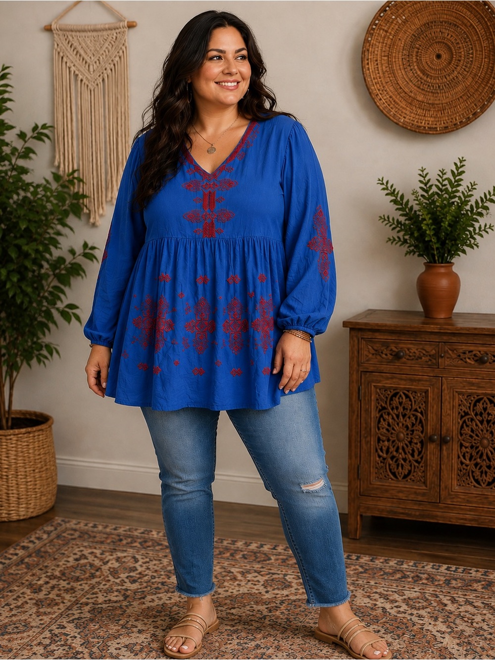 Amanda’s Collection XL Blue Embroidered Boho Tunic Top – Red Embroidery